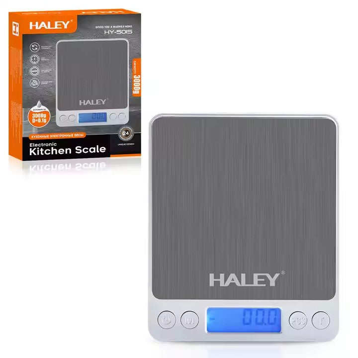 Cântar digital de bucătărie HALEY HY-5015, 3 kg, precizie 0,1 g, oțel inoxidabil, argintiu