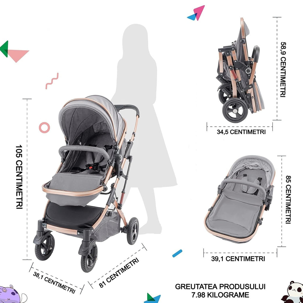 Cărucior 2 în 1 KIDOO pentru bebeluși, 0-36 luni, max 15 kg, ham în 5 puncte, scaun reversibil, pliabil