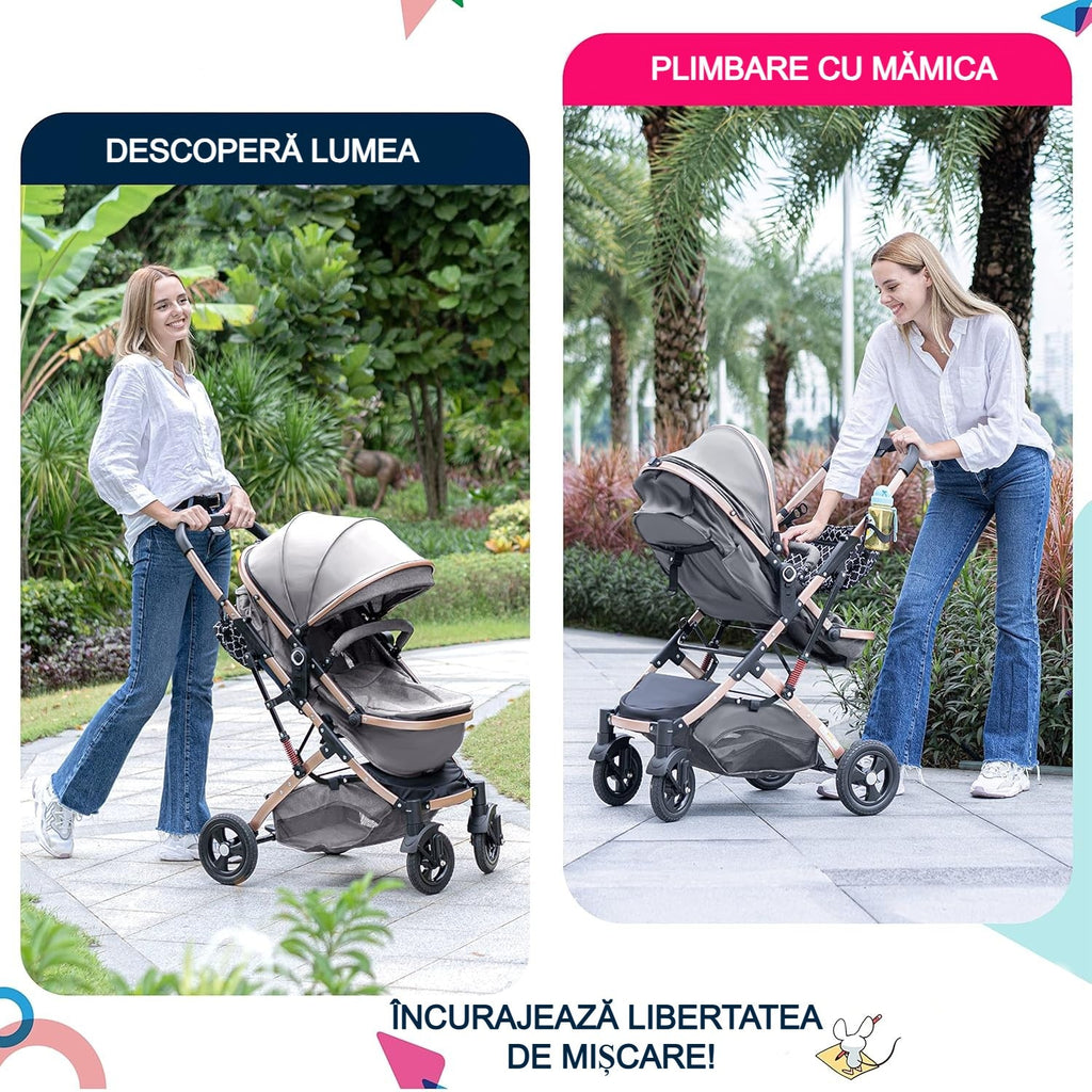 Cărucior 2 în 1 KIDOO pentru bebeluși, 0-36 luni, max 15 kg, ham în 5 puncte, scaun reversibil, pliabil
