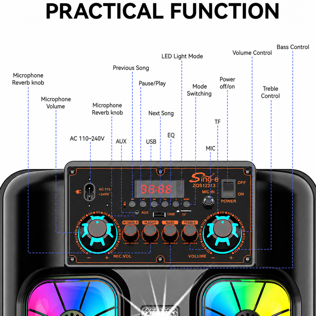 Boxă karaoke portabilă Sing-E ZQS12213, 2x12 inch, 80 W, acumulator 5000 mAh, LED RGB, telecomandă