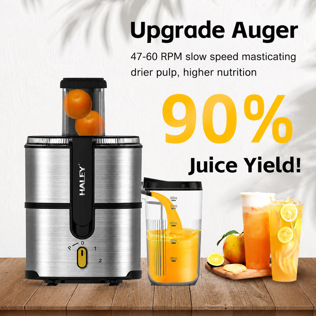 Storcător de fructe și legume HALEY HY-2963, 1000 W, tub 75 mm, 2 viteze cu Pulse, argintiu/negru