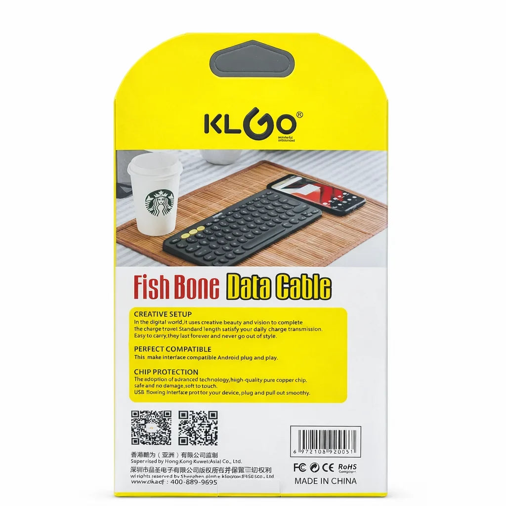 Cablu micro USB KLGO S-23 Fish Bone, încărcare rapidă 2.4A, transfer date, 1 m