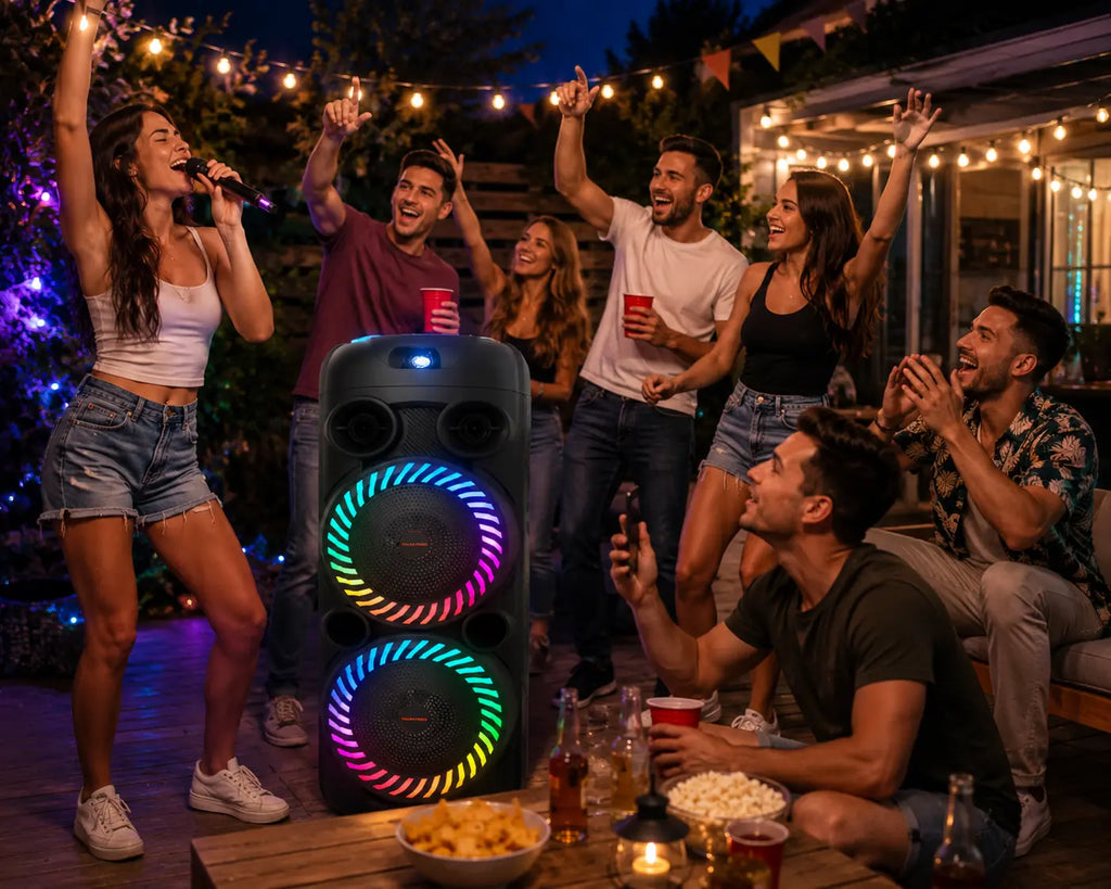 Boxă karaoke portabilă AT Performance KOLAV-F2805, 2800 W PMPO, 2 x 8 inch, Bluetooth, microfon wireless, RGB LED