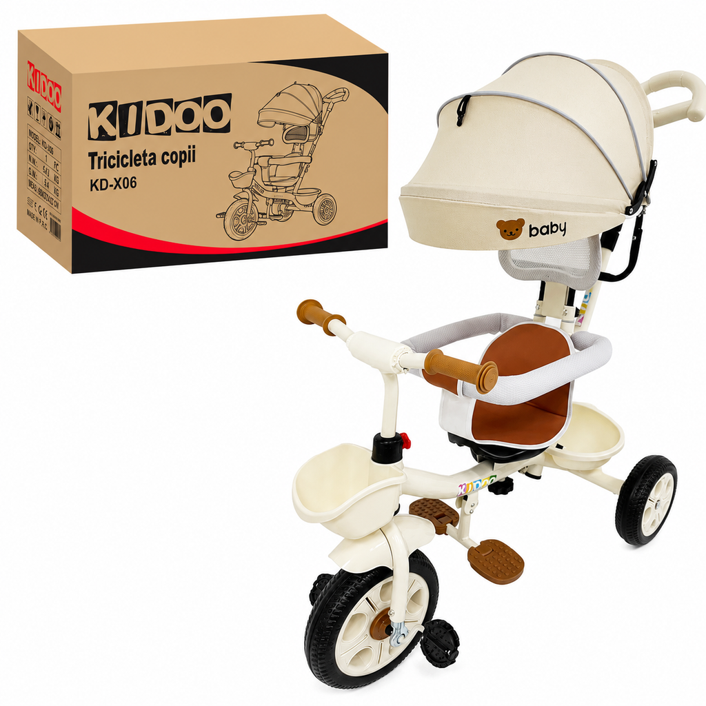 Tricicletă evolutivă KIDOO KD-X06, scaun rotativ 360°, copertină cu protecție UV, roți cauciuc, 9 luni-6 ani