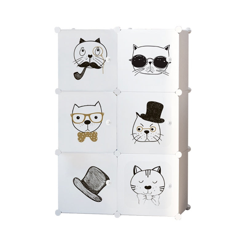 Dulap modular pentru copii 6 rafturi , AT PERFORMANCE® , Alb cu pisicute 🐱🎀👓🎩