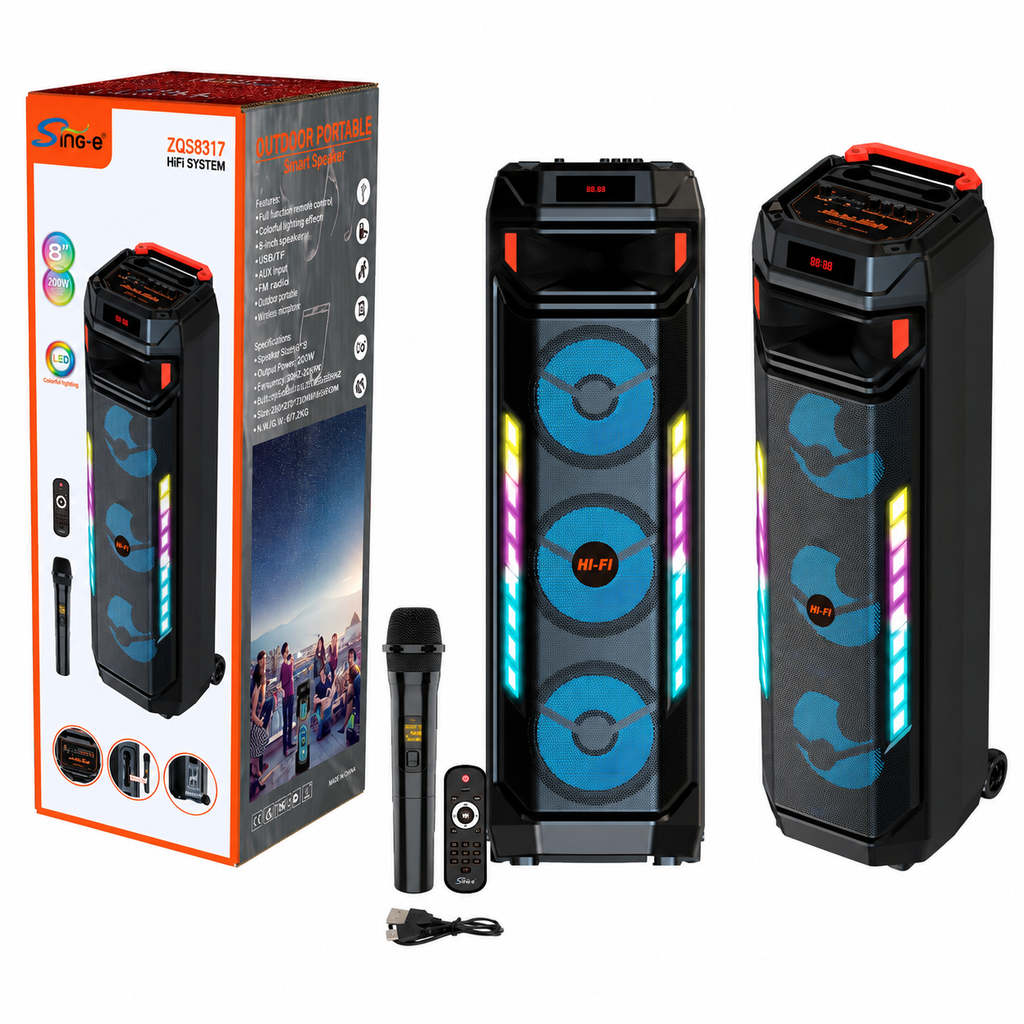 Boxă karaoke portabilă Sing-E ZQS8317, 3x8 inch, 60 W, acumulator 4500 mAh, LED RGB