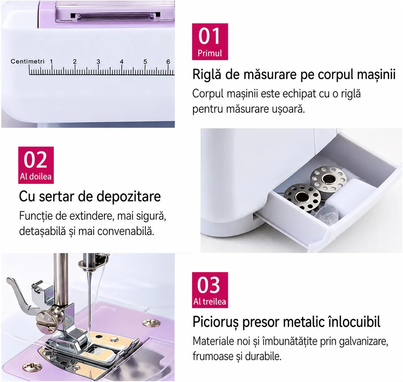 Mașină de cusut electrică portabilă AT Performance YASM-505A, 12 programe, iluminare LED, alb cu mov