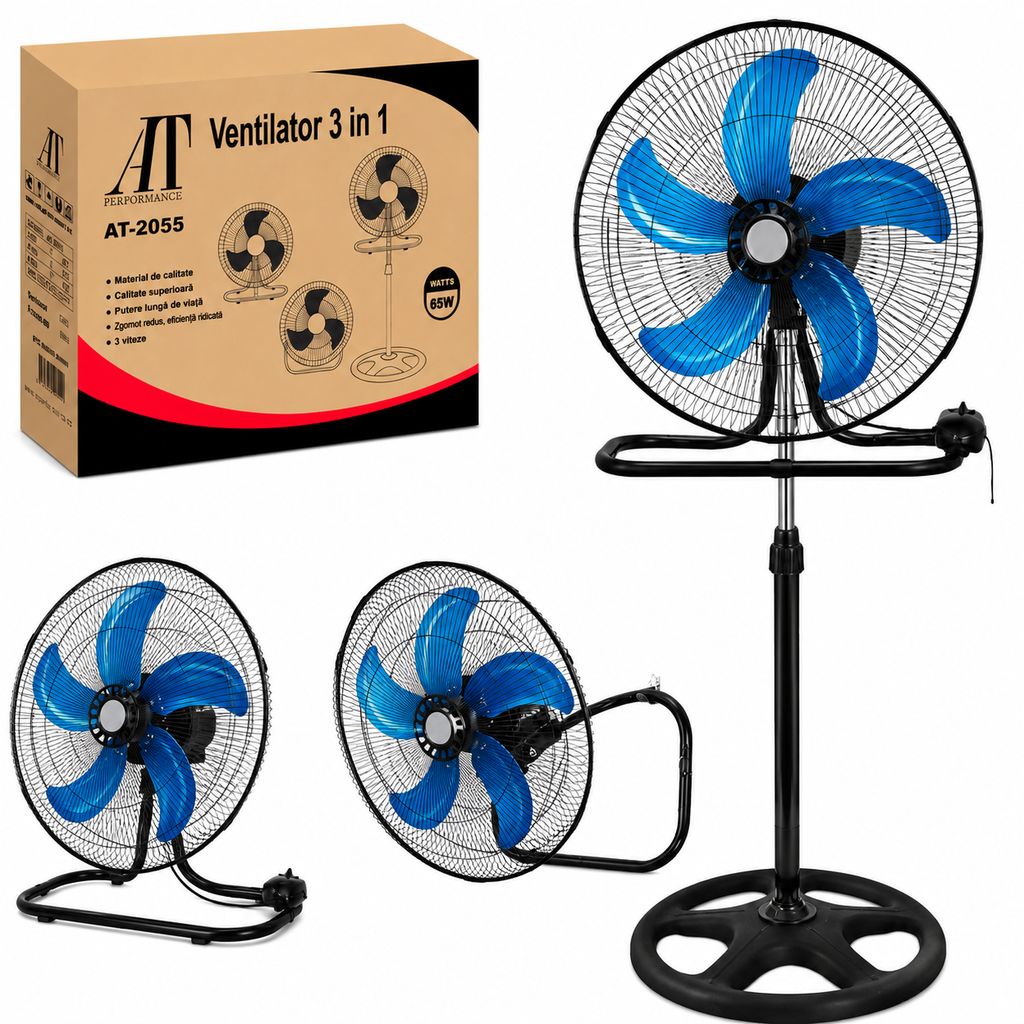 Ventilator 3 în 1 AT Performance AT-2055, 65 W, 18 inch, 3 viteze, oscilație, negru