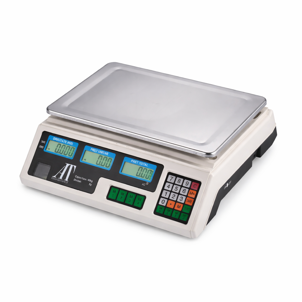 Cântar electronic comercial AT Performance, 40 kg, afișaj LCD dublu, 7 memorii, picioare reglabile