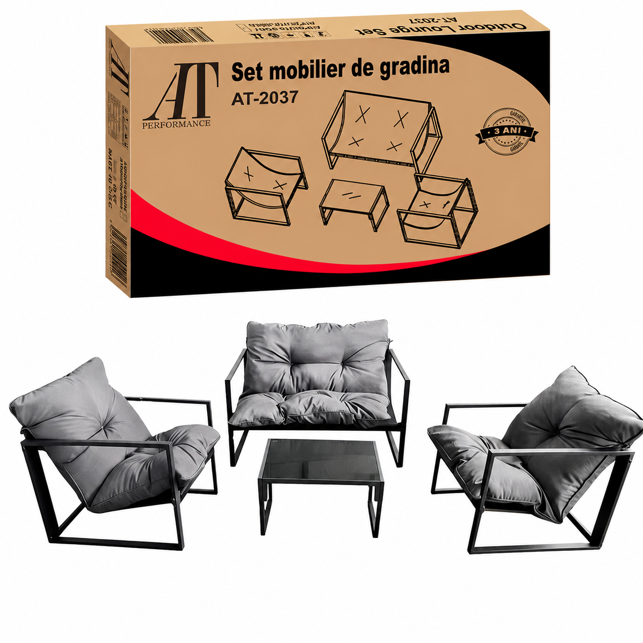 Set mobilier balcon și grădină AT Performance, 4 piese, canapea 2 locuri, 2 fotolii, măsuță cu blat sticlă securizată