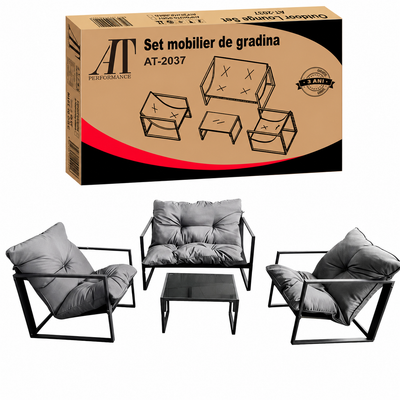 Set mobilier balcon și grădină AT Performance, 4 piese, canapea 2 locuri, 2 fotolii, măsuță cu blat sticlă securizată