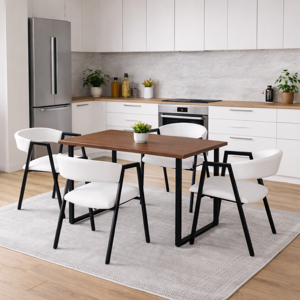 Set masă dining cu 4 scaune AT Performance, 120x70x75,5 cm, blat lemn, cadru metalic, negru