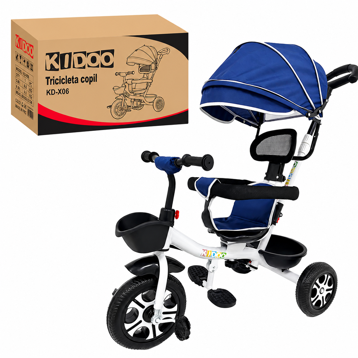 Tricicletă evolutivă KIDOO KD-X06, scaun rotativ 360°, copertină cu protecție UV, roți cauciuc, 9 luni-6 ani