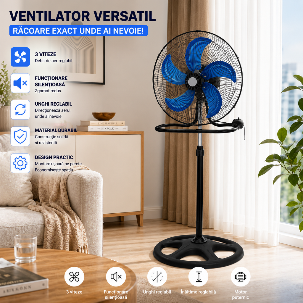Ventilator 3 în 1 AT Performance AT-2055, 65 W, 18 inch, 3 viteze, oscilație, negru