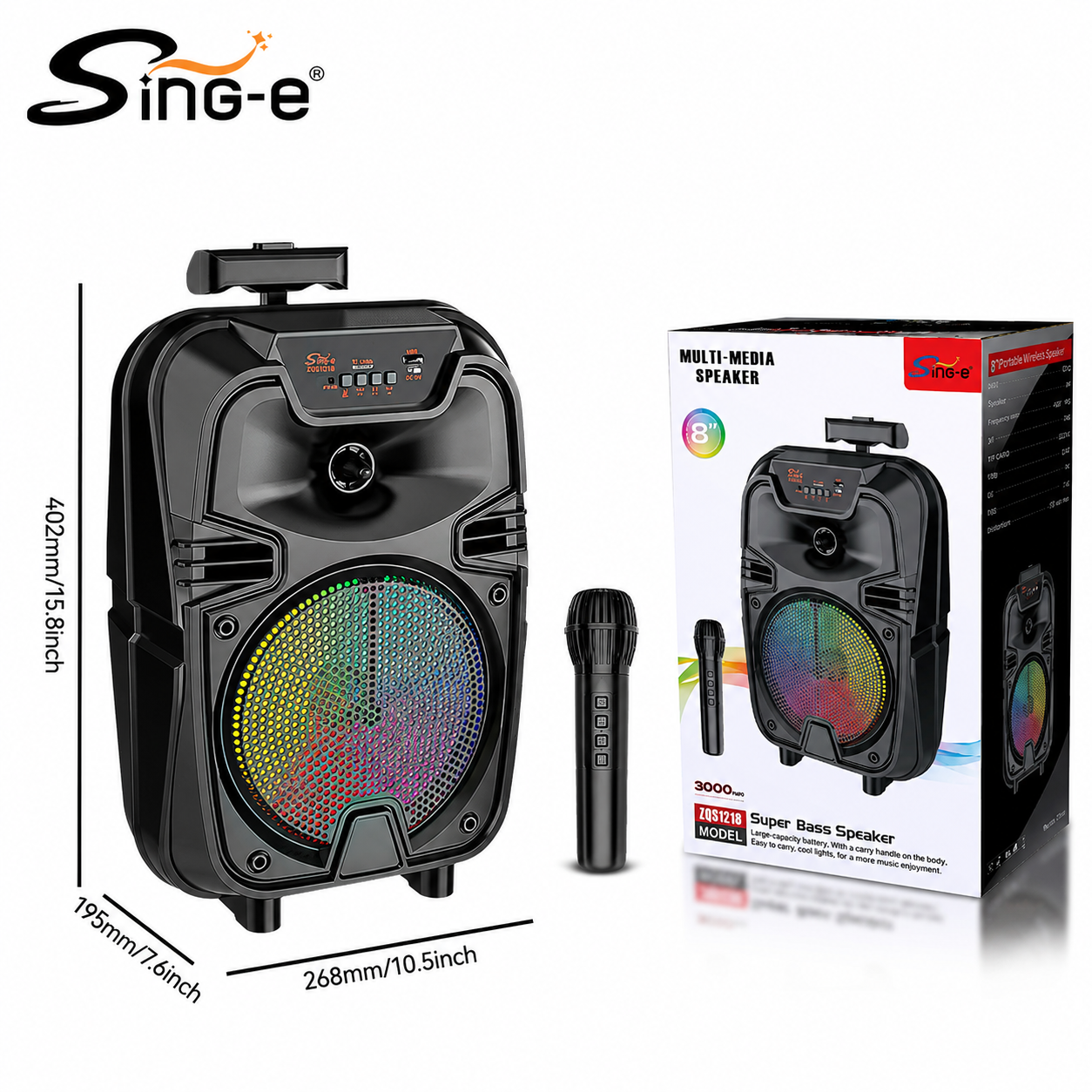 Boxă portabilă Sing-E ZQS8188, difuzor 8 inch, 200 W PMPO, baterie 3000 mAh, microfon wireless, negru