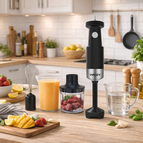 Blender de mână HALEY HY-1132, 1200 W, set 4 în 1, pahar 1000 ml, lame inox, negru-argintiu