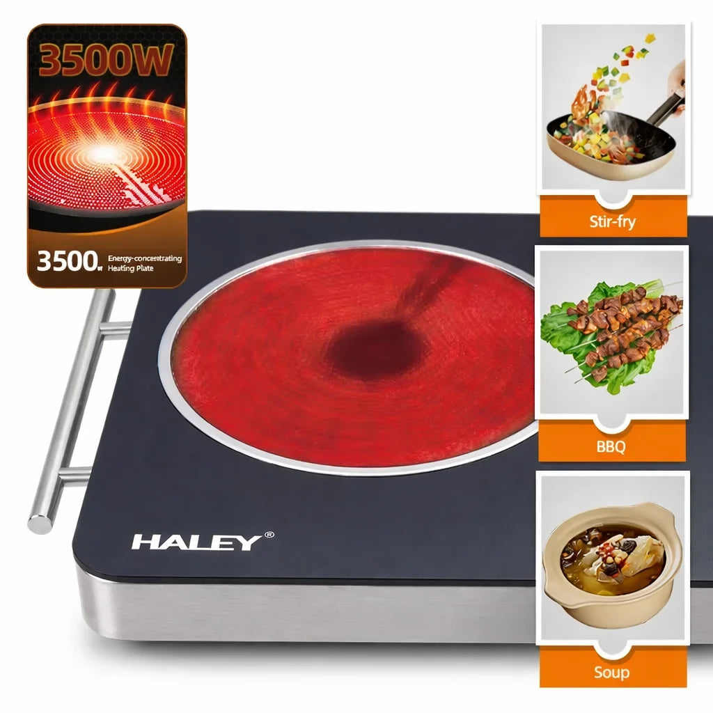 Plită electrică dublă HALEY HY-1828, 6000 W, 2 zone, sticlă termorezistentă, 53x33 cm, negru