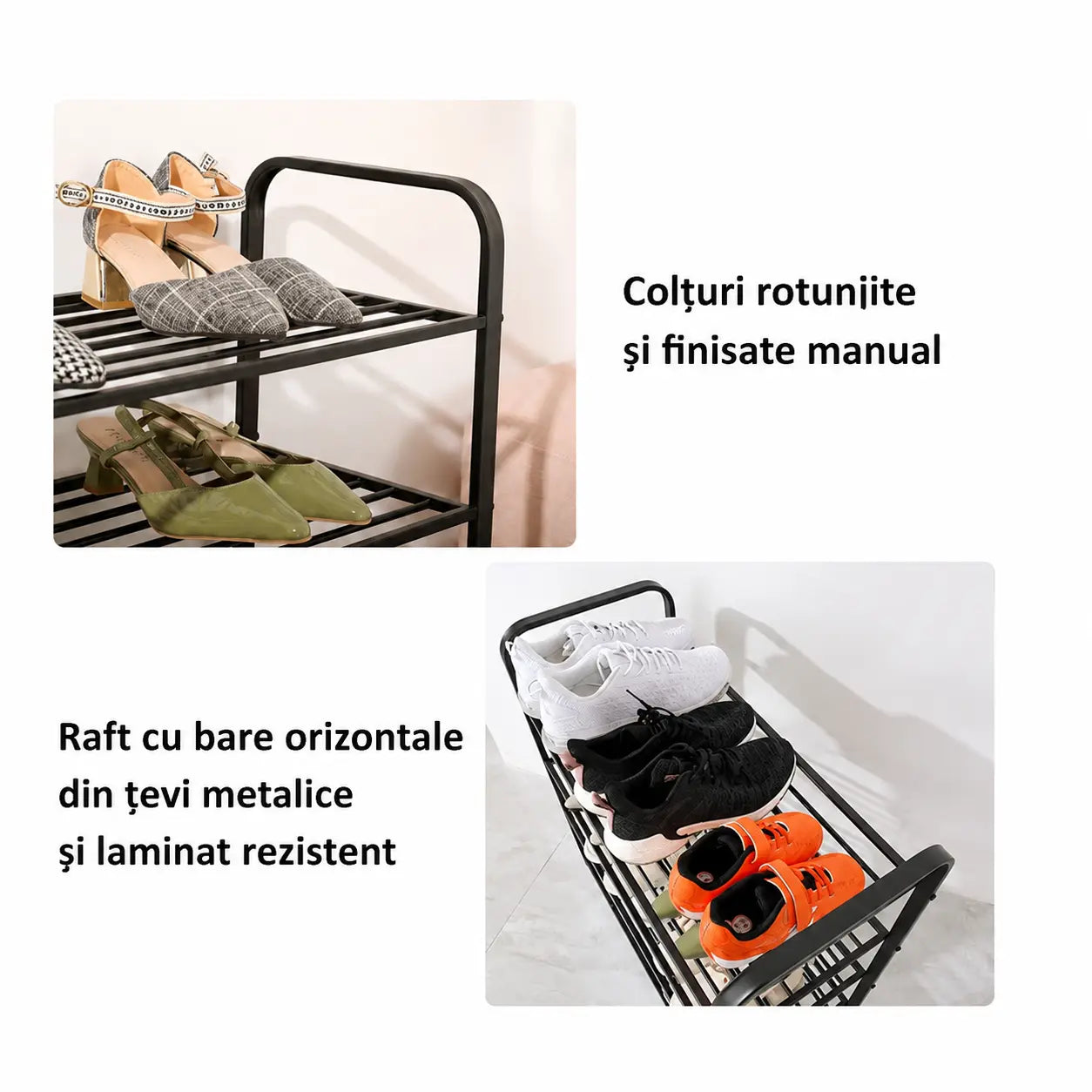 Raft pentru pantofi AT Performance, 4 niveluri, 12-16 perechi, 60 x 23 x 58 cm, metal, negru