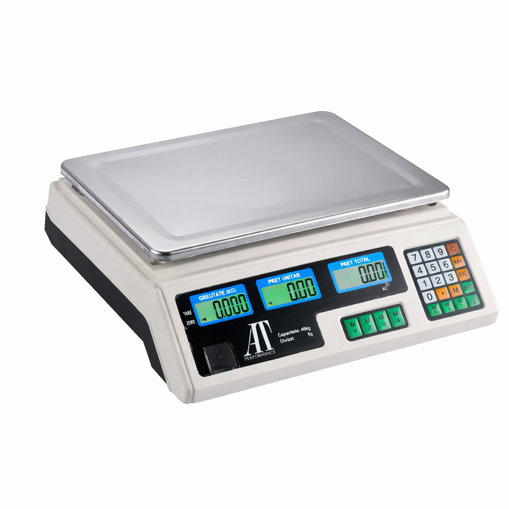 Cântar electronic comercial AT Performance, 40 kg, afișaj LCD dublu, 7 memorii, picioare reglabile
