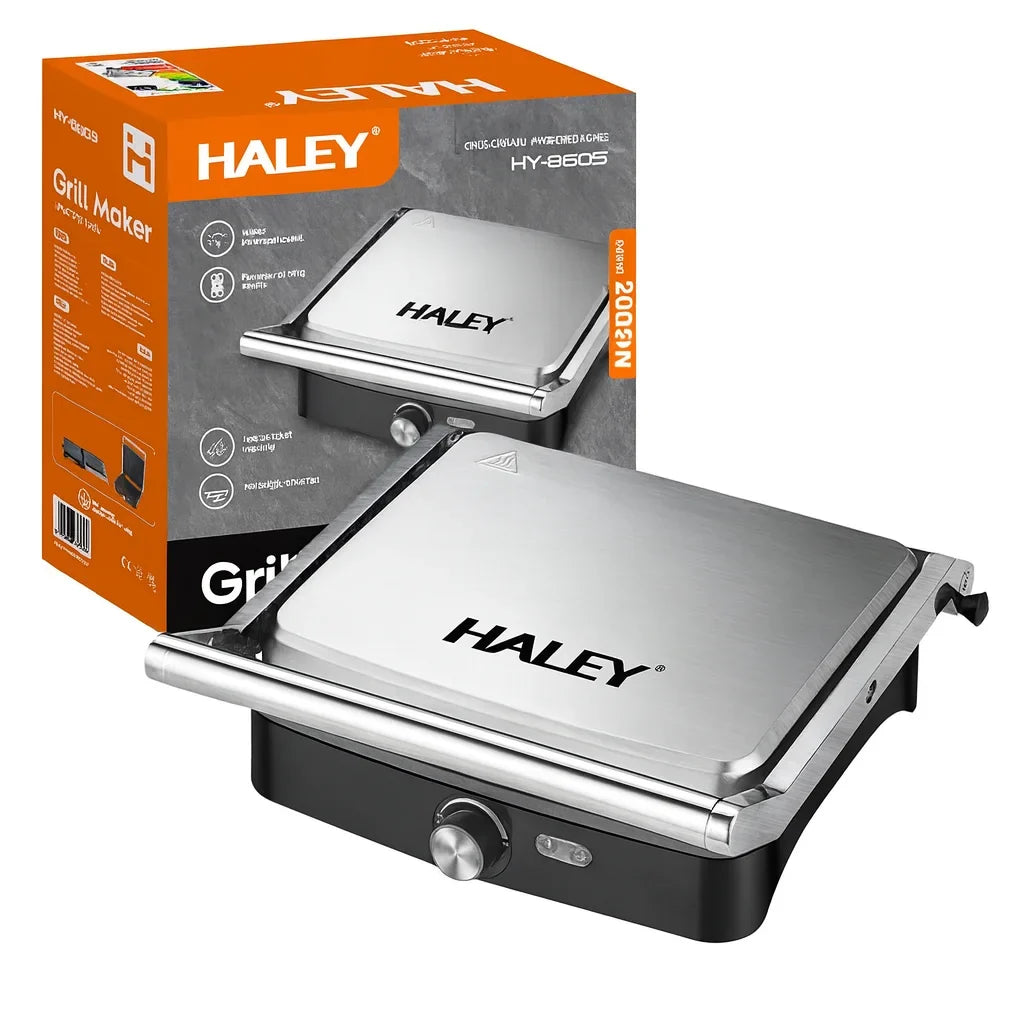 Grill electric HALEY HY-8609, 2000 W, plăci antiaderente, deschidere 180°, inox