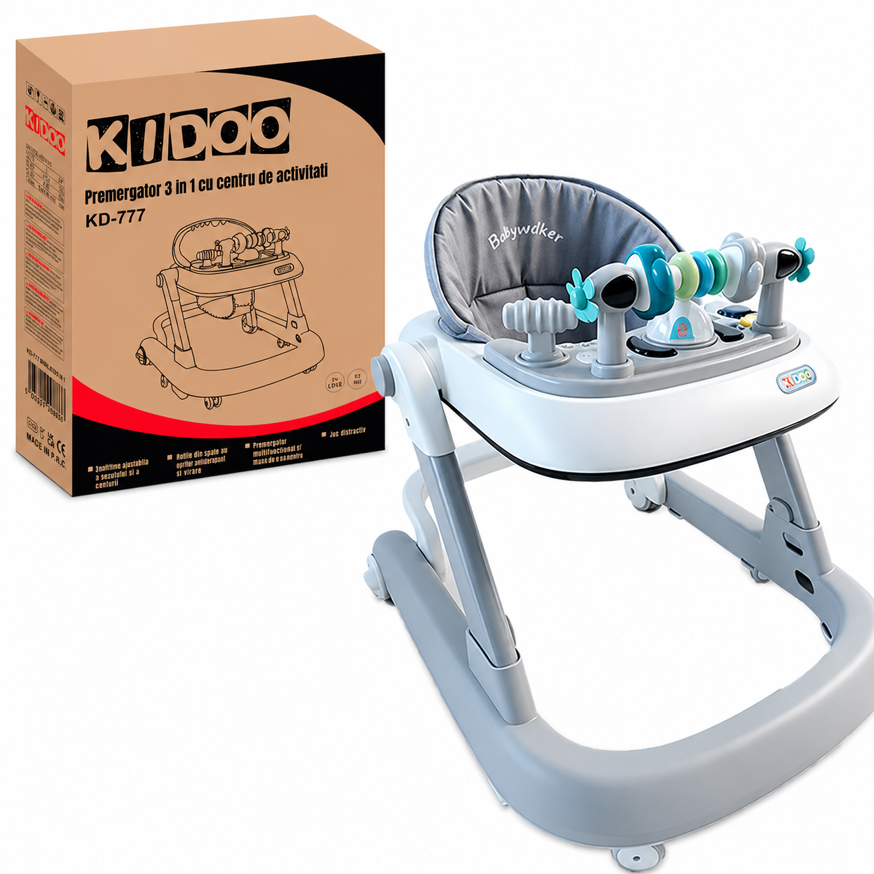 Premergător educațional 3 în 1 KIDOO, măsuță și antemergător, de la 6 luni, maxim 25 kg, alb/albastru