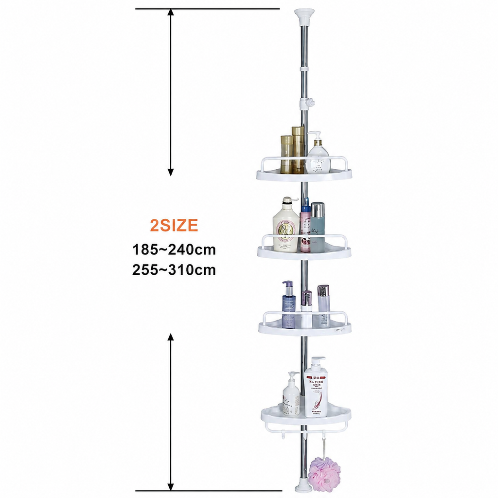 Etajeră de colț telescopică pentru baie AT Performance, 4 rafturi, reglabilă 185-310 cm, albă