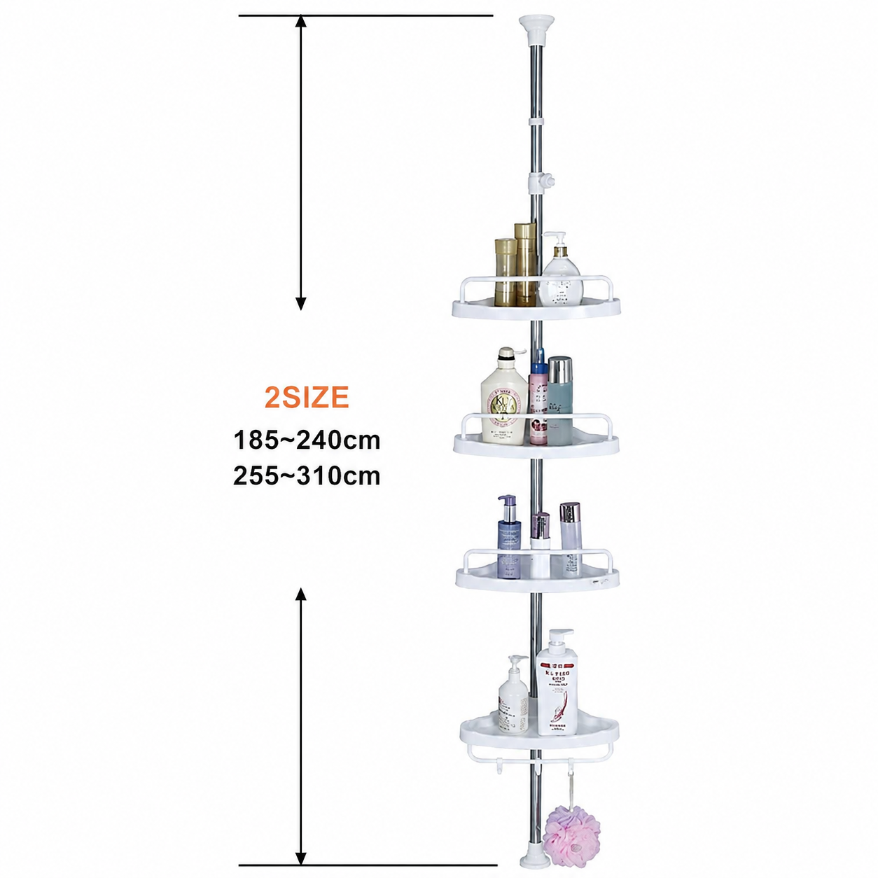 Etajeră de colț telescopică pentru baie AT Performance, 4 rafturi, reglabilă 185-310 cm, albă