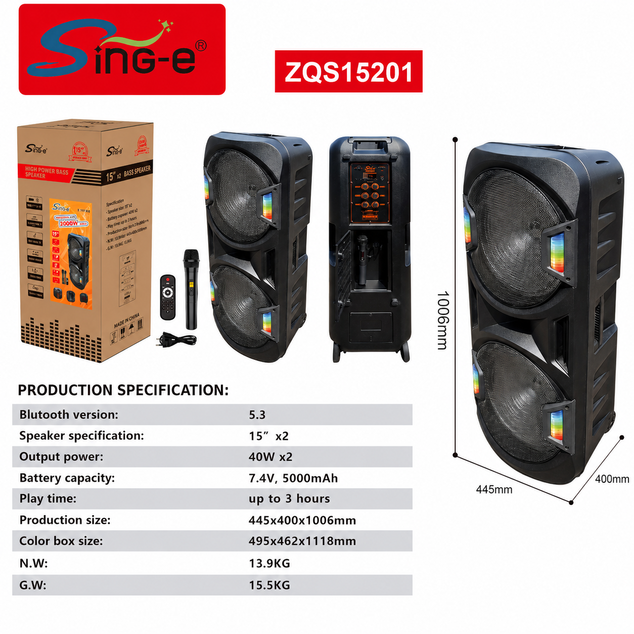 Boxă karaoke portabilă Sing-E ZQS15201, 2x15 inch, 80 W, acumulator 5000 mAh, LED RGB