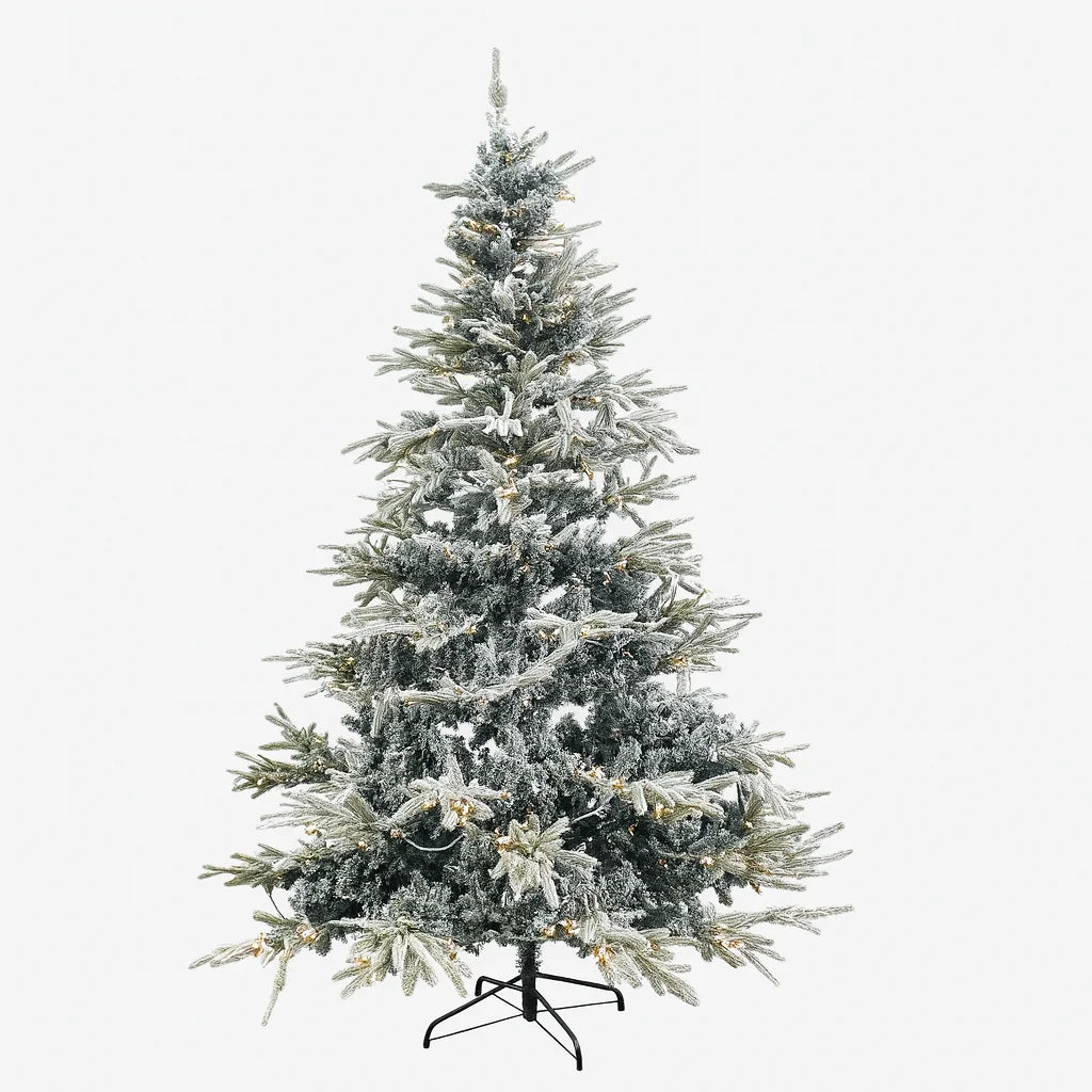 Brad artificial cu efect de ninsoare, 2.1 m, 1150 ramuri, lumini LED galben cald, suport metalic