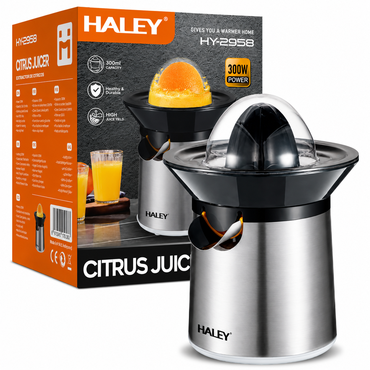 Storcător de citrice electric HALEY HY-2958, 300 W, recipient 300 ml, finisaj inox, negru