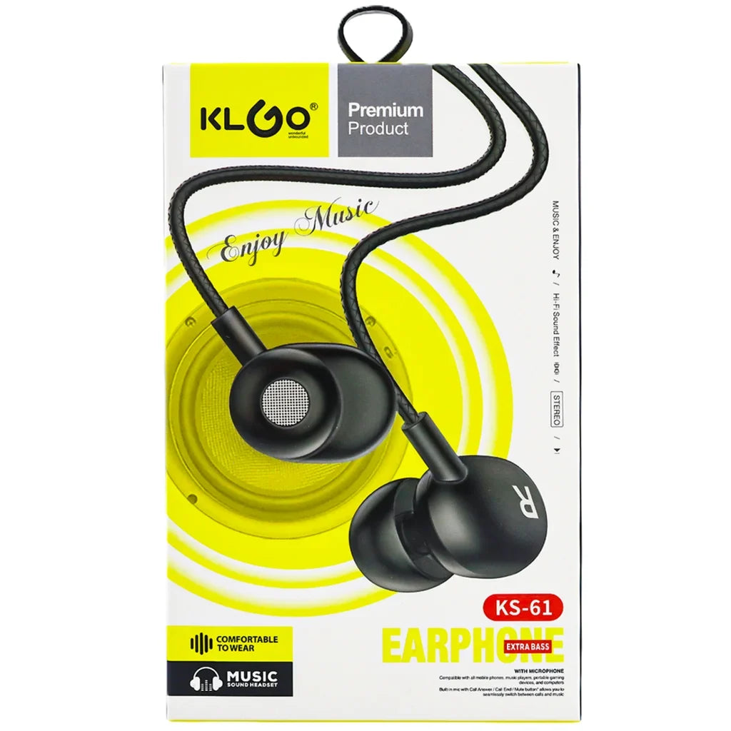 Căști in-ear cu fir KLGO KS-61, difuzor 14,2 mm, microfon, jack 3,5 mm, cablu 120 cm, extra bass