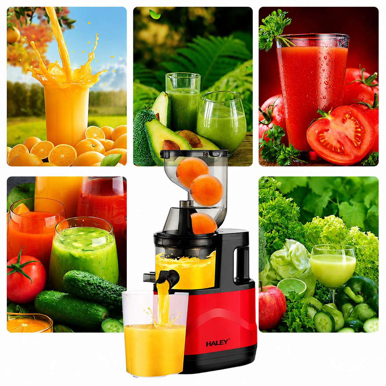 Storcător cu presare lentă HALEY HY-604, 200 W, filtru inox cu micropori, recipiente 300 ml, roșu