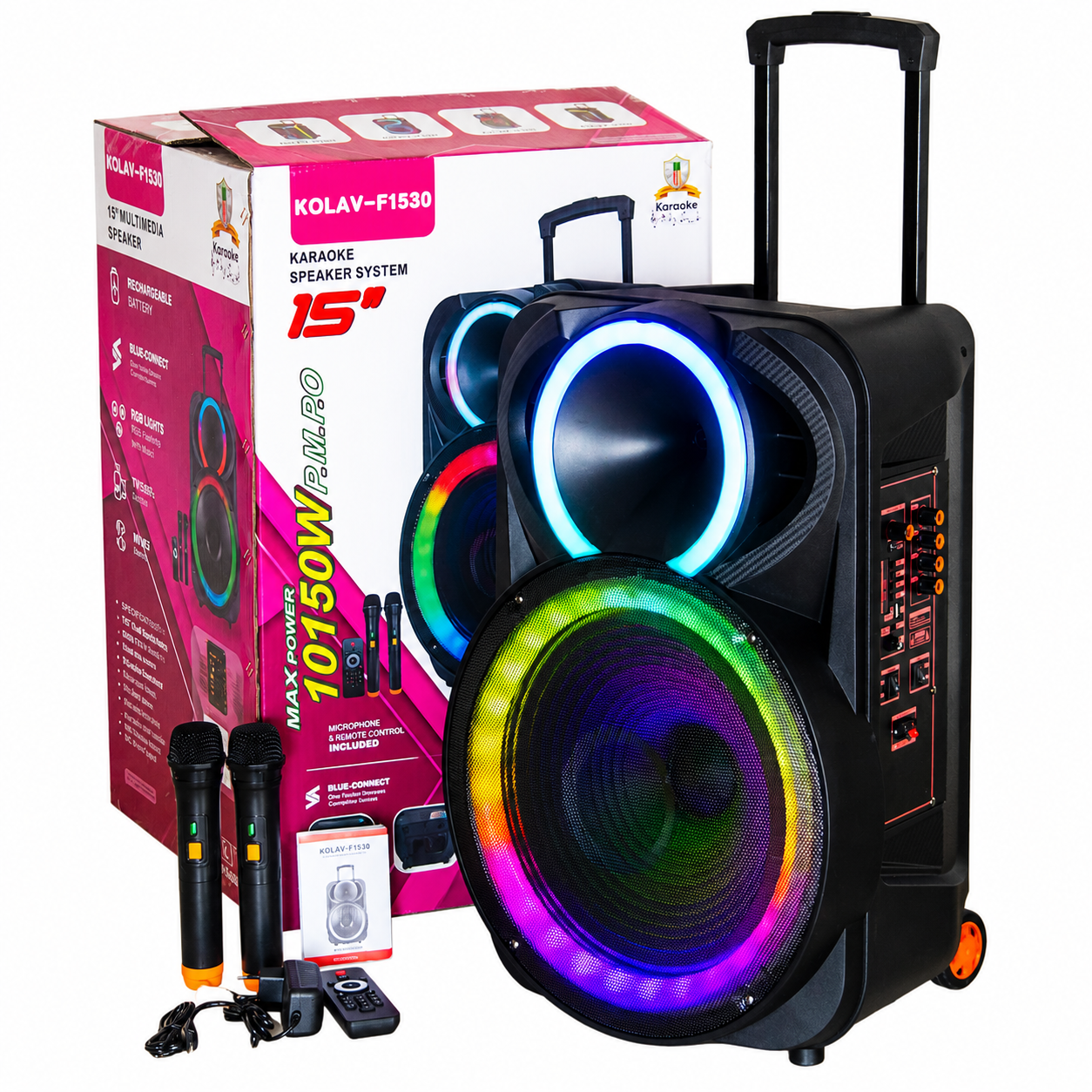 Boxă karaoke portabilă KOLAV F1530, 15 inch, 400 W PMPO, acumulator 3600 mAh, mâner telescopic și roți