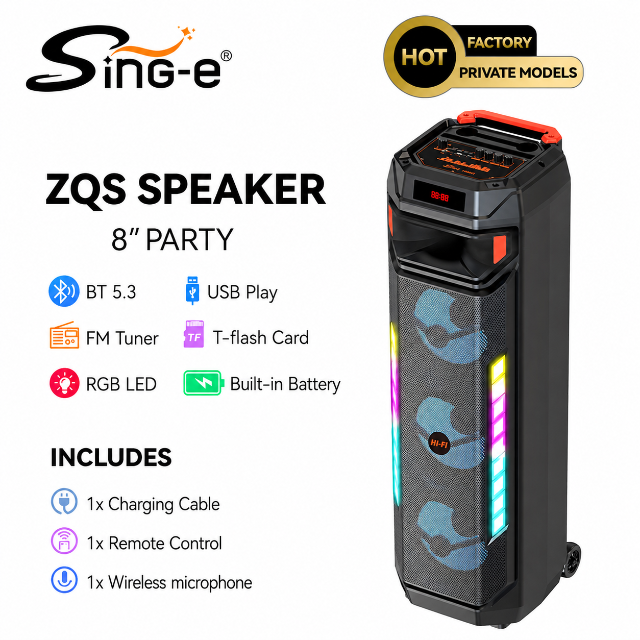 Boxă karaoke portabilă Sing-E ZQS8317, 3x8 inch, 60 W, acumulator 4500 mAh, LED RGB