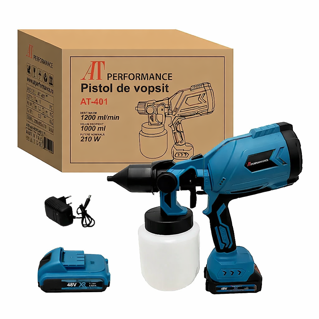 Pistol de vopsit electric AT Performance AT-401, 210 W, 2 acumulatori 48V, rezervor 1000 ml, 3 moduri de pulverizare