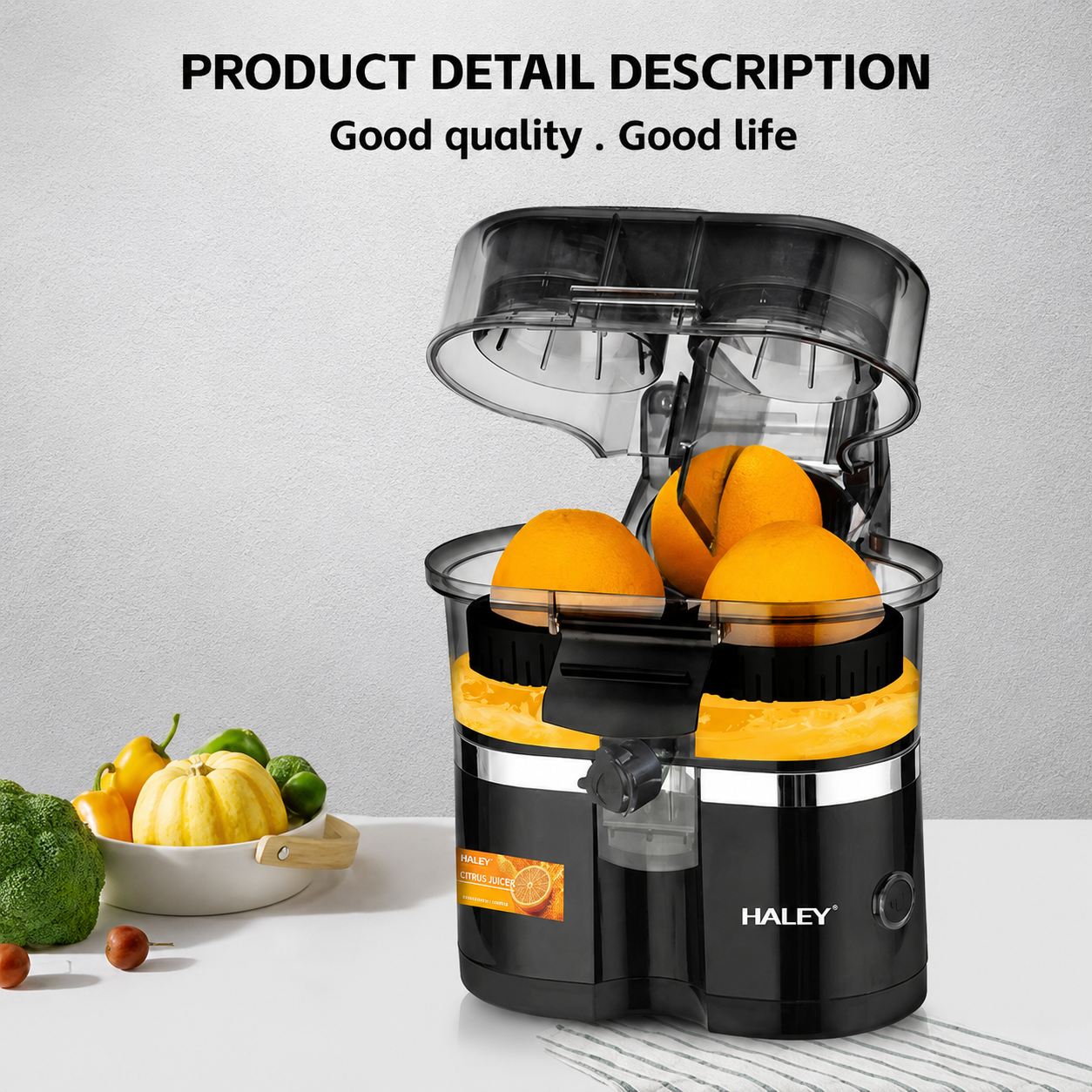 Storcător de citrice HALEY HY-2969, 650 W, 15.000 RPM, recipient 400 ml, tăietor integrat, negru