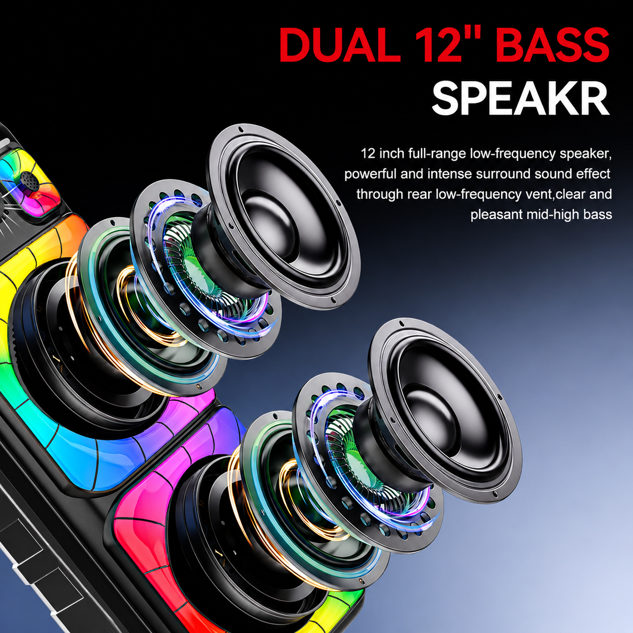 Boxă karaoke portabilă Sing-E ZQS12213, 2x12 inch, 80 W, acumulator 5000 mAh, LED RGB, telecomandă