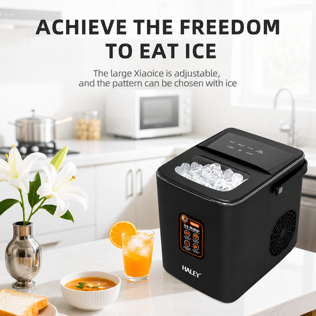 Mașină de gheață HALEY HY-6102, 100 W, 12 kg/24h, rezervor 1,8 L, 2 dimensiuni cuburi, negru