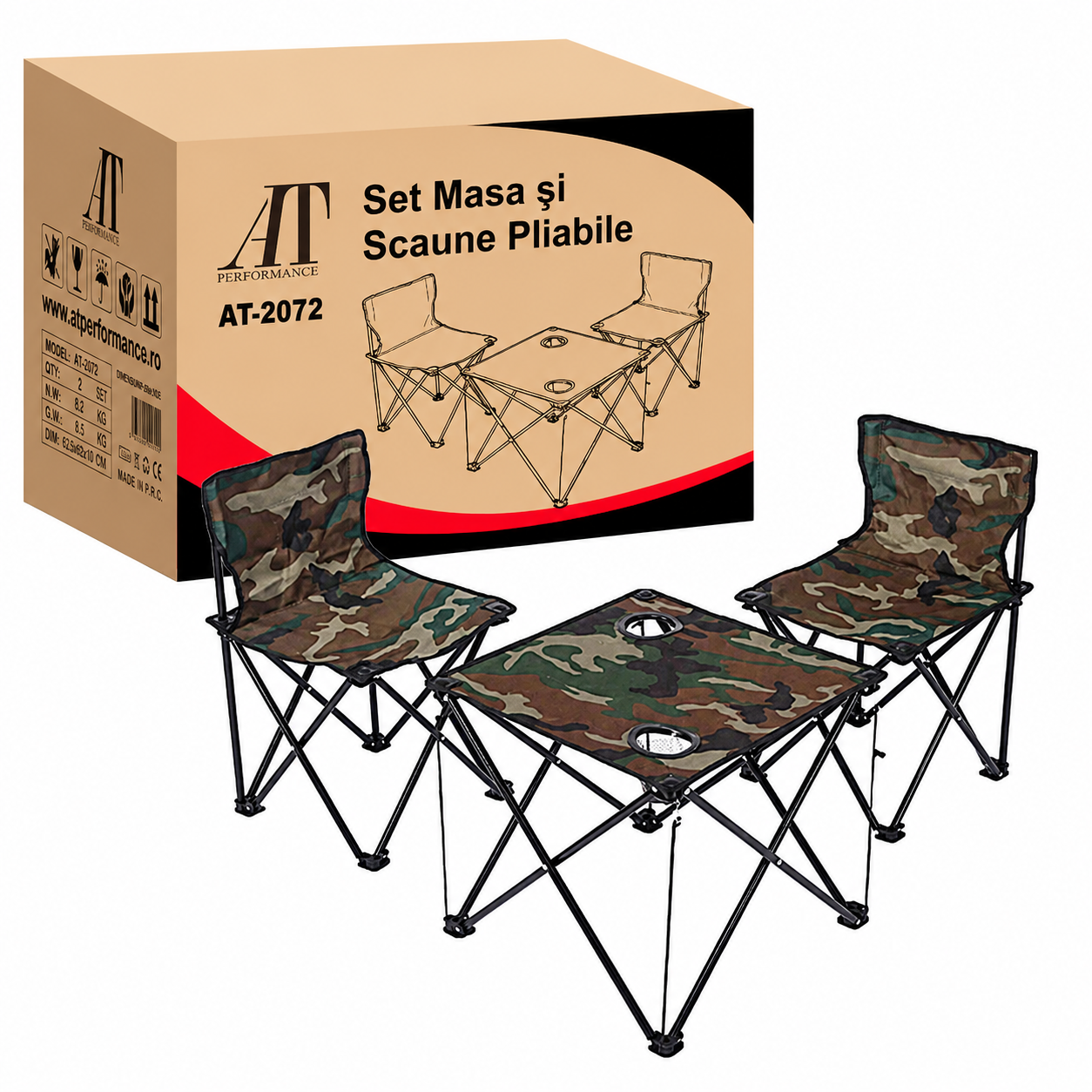 Set camping pliabil AT Performance AT-2072, masă 47 x 47 cm și 2 scaune, structură oțel, 100 kg, camuflaj