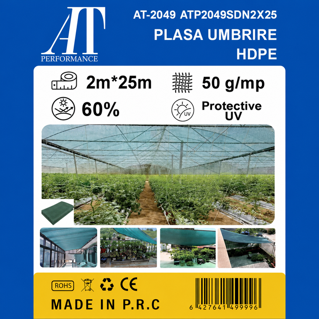 Plasă de umbrire AT Performance AT-2049, HDPE, 2x25 m, grad umbrire 60%, protecție UV, verde