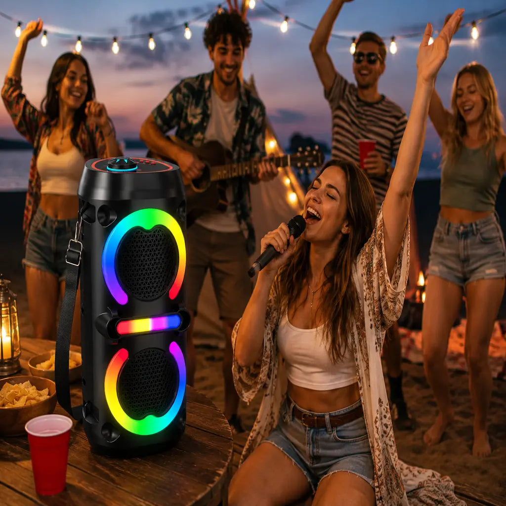 Boxă karaoke portabilă AT Performance ZQS42111KW, 200 W, 2 microfoane wireless, LED RGB, negru