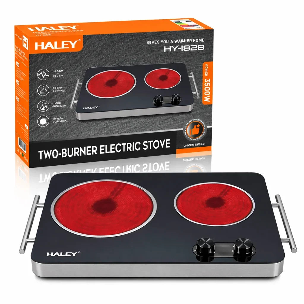 Plită electrică dublă HALEY HY-1828, 6000 W, 2 zone, sticlă termorezistentă, 53x33 cm, negru