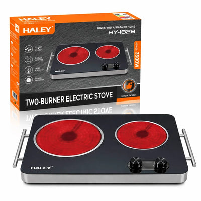 Plită electrică dublă HALEY HY-1828, 6000 W, 2 zone, sticlă termorezistentă, 53x33 cm, negru