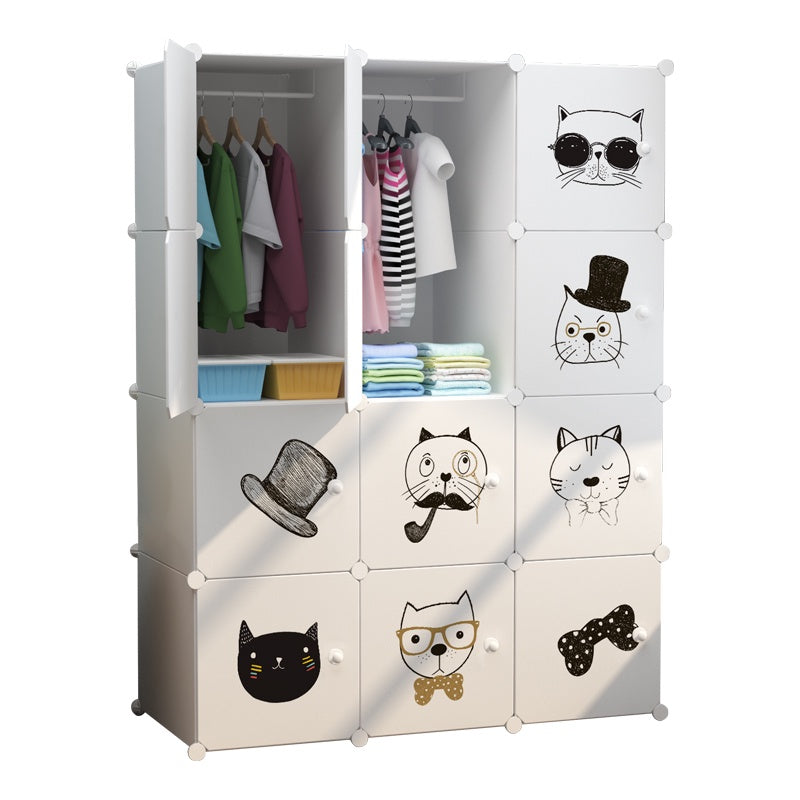 Dulap modular pentru copii 12 rafturi , AT PERFORMANCE® , Alb cu pisicute 🐱🎀👓🎩