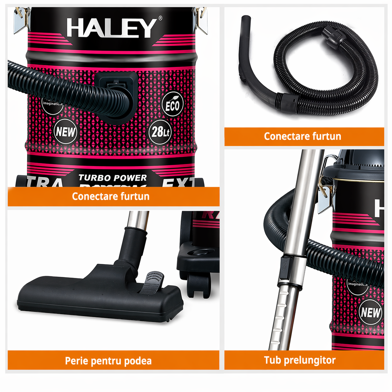 Aspirator profesional HALEY HY-9924 AB, 5000 W, 28 L, cuvă inox, funcție suflare