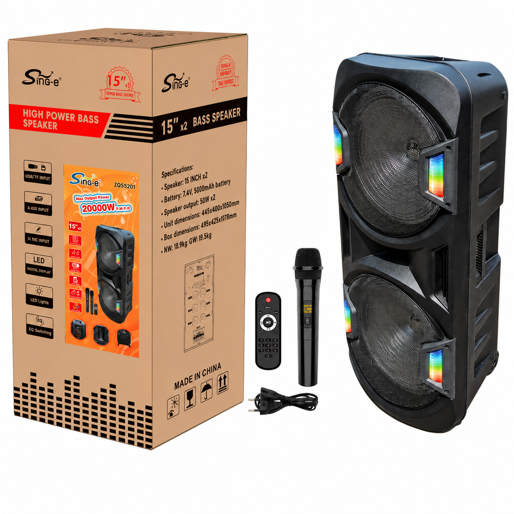 Boxă karaoke portabilă Sing-E ZQS15201, 2x15 inch, 80 W, acumulator 5000 mAh, LED RGB