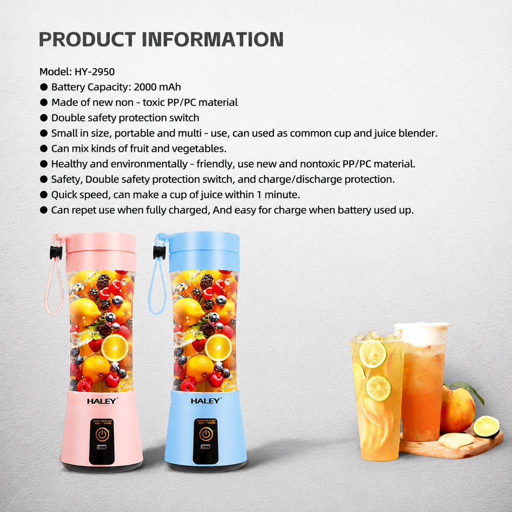 Blender portabil HALEY HY-2950, 480 ml, baterie 2000 mAh, încărcare USB, lame inox