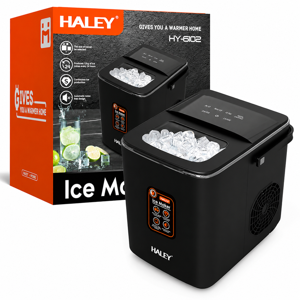 Mașină de gheață HALEY HY-6102, 100 W, 12 kg/24h, rezervor 1,8 L, 2 dimensiuni cuburi, negru