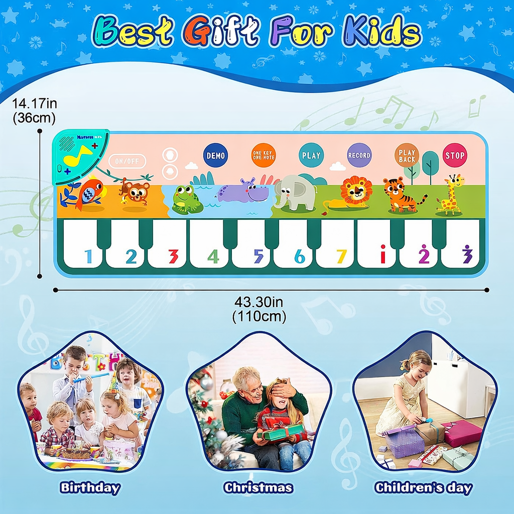 Covoraș muzical pian pentru copii KIDOO, 110x36 cm, sunete și lumini, certificat CE