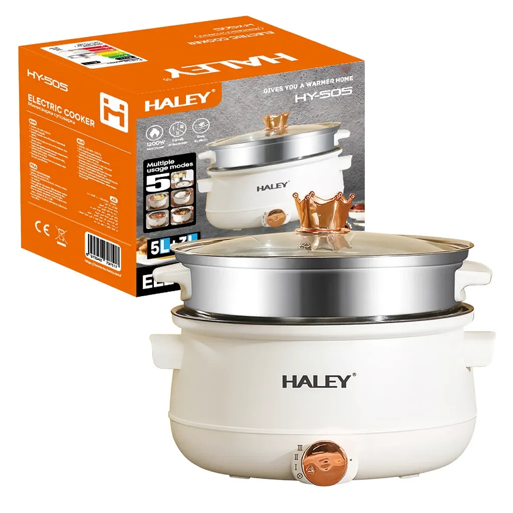 Oală electrică multifuncțională HALEY HY-505, 5 L + 3 L, 1200 W, gătire cu abur, 3 trepte de putere